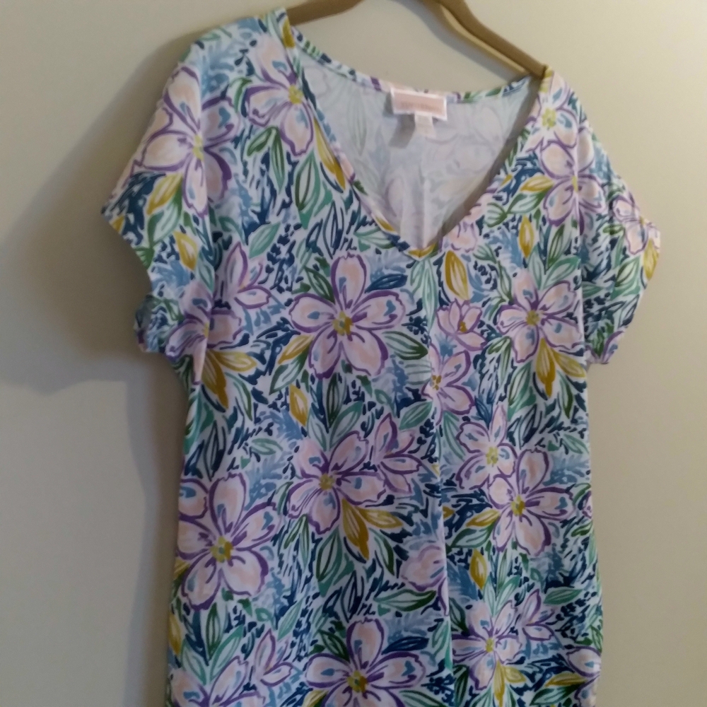 Stan Herman Floral Print‎ Lounge Dress Women's Small V-Neck Pockets